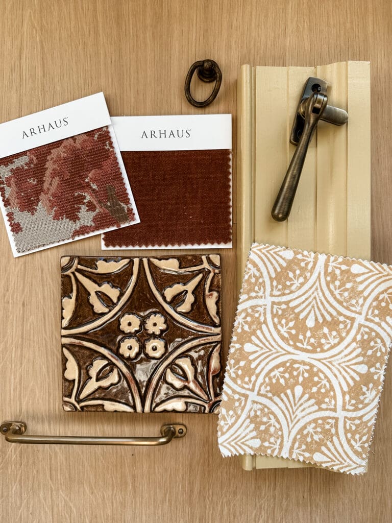 swatches of fabric, hardware, and other design elements