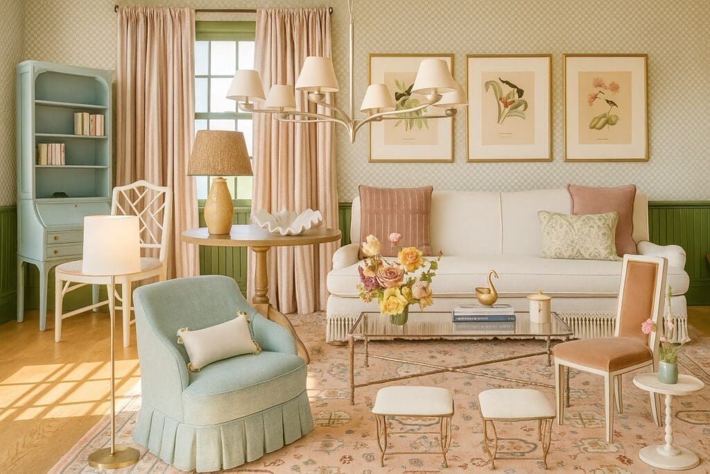 Charleston-inspired living room with pastel colors, whimsical patterns, and pleated textures