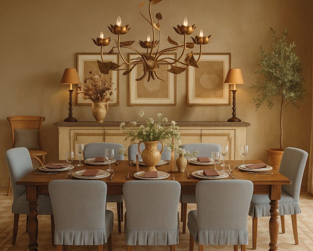 Italian-inspired dining room with terracotta walls and antique chandelier